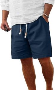 Comdecevis Men's Casual Linen Shorts Summer Beach Shorts Men Clothing Resort Wear Cotton Shorts, Navy Blue, XX-Large