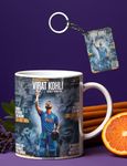 THEWHOOP Printed Virat Kohli White Ceramic Coffee Mug (350ml) with Wooden Key-Chain Pack of 2 Gift for Virat Kohli Fans & Cricket Lovers (VIRAT - All Records)