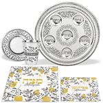 Stunning Pomegranate Passover Seder Set - Round 12" Seder Plate - Kiddush Cup and Saucer - 3 Pocket 15" Silk Matzo Cover, Matzah Afikoman Bag Decorative Pesach Seder Dinnerware Set By Zion Judaica