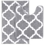 OLANLY Bathroom Rugs Set 2 Pieces Microfiber Bath Mat and U-Shaped Toilet Rug, Machine Wash Dry, Non Slip Absorbent Shaggy Bath Rug for Tub, Shower and Bath Room, 32" x 20"+24" x 20", Grey