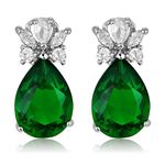 [RIZILIA TEARDROP] Stud Pierced Earrings with Pear Cut CZ [Simulated Green Emerald] in White Gold Plated, Simple Modern Elegant