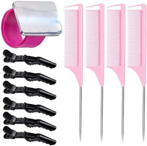 Magnetic Wristband for Hair Stylist Pin Wristband Wrist Pin Holder Braiders Wristband with 4 Pieces Hair Rat Tail Combs 6 Pieces Plastic Clip (Rose Red)
