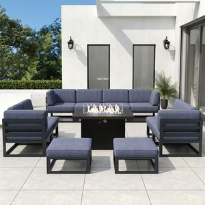 Vakollia 11 Pieces Aluminum Patio Furniture Set with Propane Gas 44" Fire Pit Table, Metal Outdoor Conversation Sofa Set with Seating Cushions