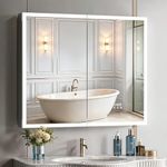 ACEMIRO 36"×30" Lighted Medicine Cabinet with Mirror, Surface or Recessed Bathroom Mirror Medicine Cabinet with Clock & Temp Display, Defogger, Dimming, Built-in Outlet & USB Ports, Double Door