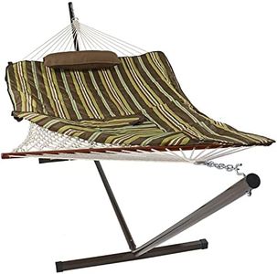 Sunnydaze Rope Hammock with 12-Foot Stand and Hammock Pad - 275-Pound Capacity - Desert Stripe