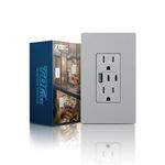 TOPELER USB C Wall Outlet, 30W 6.0A USB Receptacle, 15A Duplex Receptacle with Tamper Resistant, Power Outlet with 3 USB Port, ETL & FCC Listed, Screwless Wall Plate, Grey