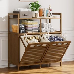 ClimbHope 32 Gal Bamboo Tilt Out Laundry Hamper Cabinet with 2 Bag, Walnut