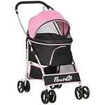 PawHut 4 Wheels Pet Stroller, 3 in 1 Dog Cat Travel Folding Carrier, for Small Dogs, Detachable, w/Brake, Canopy, Basket, Storage Bag - Pink