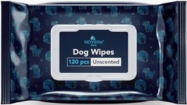 NOVEHA Dog Wipes - Odor Eliminating and Cleaning Grooming Wipes for Dog's Paws, Body, and Butt - Perfect for Puppy and Adult Dogs - Plant-Based, Safe, Convenient & Large Unscented Wipes (120 Counts)