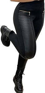 Flamingals Faux Leather Mid Waisted Tummy Control Motorcycle Leggings for Women Stretchy with Pockets Patch Zip Black