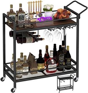 LAATOOREE Bar Cart, Two-Color Home Bar Serving Cart, Mobile Drink Beverage Cart with 2 Storage Shelves, Rolling Kitchen Cart with Wine and Glass Holder, for Dinning Room, Living Room, Kitchen