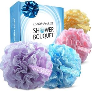 Loofah-Bath-Sponge Lace-Mesh-Set >> 2-Scrubs-in-1 by Shower Bouquet: Large Full 60g Pouf (4 Pack Spa Colors) Body Luffa Loofa Loufa Puff - Exfoliate, Cleanse Skin with Luxurious Bathing Accessories