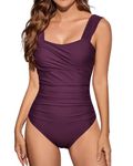 VECENEY One Piece Bathing Suit for Women Tummy Control Swimsuits Square Neck Ruched Modest Swimwear Purple L