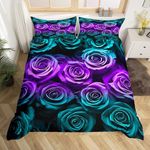 Erosebridal Teal Purple Rose Flower Bedding Set Queen Turquoise Rose Duvet Cover Gifts for Girls Women Wife Girlfriend,Wedding Valentine's Day Comforter Cover Romantic Blossom Floral Bed Set Zipper