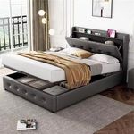 BTM 4ft6 Upholstered Double Bed Frame with Concealed Headboard, Double Bed with Storage, PU Leather Double Bed with Type-C & USB Charging Station and LED Light, 135x190cm(No Mattress)