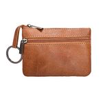 Hibate Women's Mini Coin Purse Wallet Genuine Leather Zipper Pouch with Key Ring - Brown