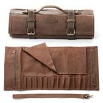 Knife Case-16oz Waxed Canvas and Crazy Horse Leather -with 12 Slots Plus 2 Zipper Pockets to Hold Kitchen Cooking Tools-Travel Tool Roll Pouch(Bag Only)