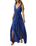 AOOKSMERY Womens Long Boho Maxi Dress for Beach Vacation Maternity Sleeveless Double Split Dresses Wedding Guest 2023, Royal, XL