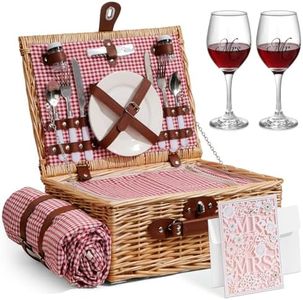 Picnic Basket for 2, Bridal Shower Gift Wedding Gifts with Mr Mrs Wine Glasses and Greeting Card, Engagement Newly Weeding Gifts for Couples 2025, Wicker Picnic Set Kit with Blanket Cooler for Beach