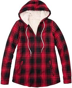 Womens Hooded Flannel Shirt Jacket Women Sherpa Fleece Lined Flannel Plaid Jackets with Hood Fall Flannel Coat Red XXL