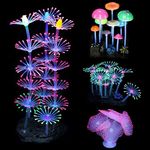 Mangsen 4 Pack Glow Aquarium Decorations Coral Reef Glowing Mushroom Anemone Simulation Coral Plant Glowing Effect Silicone for Fish Tank Decorations