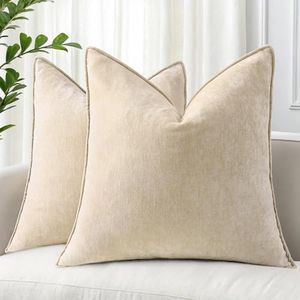 decorUhome Summer Couch Throw Pillow Covers 18x18 Set of 2, Decorative Soft Velvet Modern Cozy Chenille Pillow Cases with Elegant Design for Sofa Bed Living Room Home Decor, Beige