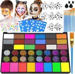 Professional Face Painting Kit for Kids – 42 Color Water Activated Facepaint Makeup Kit, Non-Toxic face Paint with Stencils, Gems, Brushes– for Halloween, Parties, Carnival, School Event & Festivals