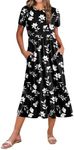 Zeagoo Summer Tshirt Dress for Women Short Petal Sleeve A Line Boho Dresses 2025 Cotton Tiered Flowy Dresses Casual Loose Midi Dress with Pockets Black White Floral L