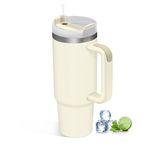 LAUGCIHE 30 Oz Tumbler with Handle and Straw Lid Insulated Reusable Stainless Steel Water Bottle Travel Mug Iced Coffee Cup for Hot Cold Beverages (Cream) (LC-KFB001)