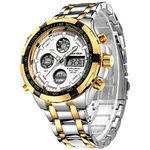 GOLDEN HOUR Luxury Stainless Steel Analog Digital Watches for Men Male Outdoor Sport Waterproof Big Heavy Wristwatch (Silver Gold White)