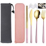 SITAKE 6 Pcs Portable Stainless Steel Flatware Set, Travel Reusable Lunch Utensils with Storage Case and Bag, Knife Fork Spoon Chopsticks Set for Office, School, Travel, Camping, Picnic (Pink-Gold)