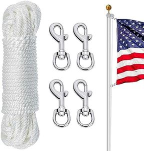 NQ Flag Pole Rope Line Kit-50FT x 1/4"Diameter Nylon Flag Pole Halyard Rope with 4 Pcs Swivel Snap Clips Hooks Fits Flagpole Up to 25FT, Outdoor Flagpole Camping Pet Tent Hardware Accessories (White)