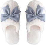 OYOANGLE Women's Bow Decor Round Toe Fuzzy Slippers Plush Home Slippers Indoor Bedroom Warm Slippers Blue 7.5