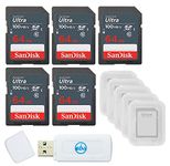 SanDisk 64GB Ultra SD Memory Card 5 Pack SDHC UHS-I Class 10 (SDSDUNR-064G-GN3IN) Bundle with 5 SD Card Cases & 1 Everything But Stromboli Card Reader