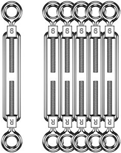Eye & Eye Stainless Steel Turnbuckles Wire Rope Tension, 6pack Heavy Duty Rope Cable Tensioner for Garden Wire, Adjustable O to O Turnbuckle for Shade Sail(1/4" (M6)-6pcs)