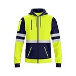 NOROZE Mens Hi-Viz Front Zip Hoodie Reflective Tape High Visibility Safety Coat with 5 Zip Utility Phone & Gadget Pockets Sweatshirt Top Jacket (M, Style 1: Neon Green/Navy)