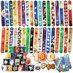 100 Pcs Halloween Slap Bracelets Party Favors for Kids, Halloween Theme Designs Spider Pumpkin Ghost Zombie Bat Witches Snap Bracelet for Girls Boys, Party Favors Toys, Halloween Goodie Bags Fillers