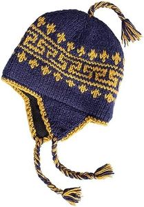 Hand Knit Sherpa Wool Hat with Micro Fleece Lining and Ear Flaps, Handmade Winter Toque, Christmas Beanie, Made in Nepal, Blue and Gold, One Size-Large