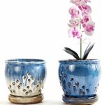 NiSevenLiving Orchid Pots with Holes Attached Saucers 4.6 Inches - 2 Pcs Small Ceramic Orchid Pots for Repotting, Decorative Ceramic Orchid Planter with Hole for Healthy Root Growth Blue Purple