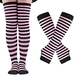 Song Qing Women's Rainbow Striped Socks Knitted Stretch Knee High Stockings Long Arm Warmer Fingerless Mitten Gloves Set, E-pink&black, One size