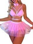 Lilosy Sexy Bunny Girl Costume Cosplay Underwire Push Up Strappy Bow Mesh Sheer Lingerie Set Women Bralette Panty Skirt Chocker See Through 3 Piece Pink Medium