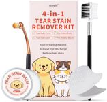 4 in 1 Tear Stain Remover Kit for Dogs & Cats - Includes Tear Stain Balm, Tear Stain Comb, Pro Powder Brush, Eye Cotton Pads - Pet Eye Care for Gently Removing Tear Stain, Eye Debris, Discharge