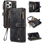 Vofolen for iPhone 15 Pro Case PU Leather Wallet Case with 10 Credit Card Holder Flip Stand Case Wristlet Zipper Magnetic Closure Shockproof Protective Case Cover for iPhone 15 Pro Phone Case-Black