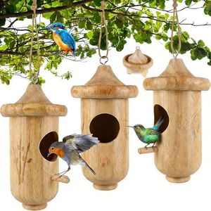 Hummingbird House for Outside Hanging, Wooden Humming Bird Nest 3 Pack with Hemp Ropes, Garden Window Bird Houses