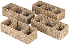 OEHID Small Wicker Baskets for Toilet Tank Top Wicker Basket, Toilet Paper Tank Basket Wicker Storage Basket for Shelves, 3-Section Seagrass Storage Basket Toilet Paper Basket for Bathroom, 4 Pack