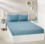 amazon basics 300 TC 100% Cotton Sateen Weave Bedsheet Set with 2 Pillow Covers | King Size (Blue)