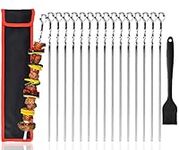 15.9 Inches 15 Pcs Barbecue Skewers Stainless Steel, Flat Metal Skewers for Grilling, Reusable Kebab Skewers with Ring-Tip Handle with Portable Storage Bag (15-Pcs)