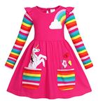 HenzWorld Kids Girls Long Sleeve Cotton Flower Unicorn Rainbow Dress with Pockets Halloween Birthday Party Clothes Size 7T/8T