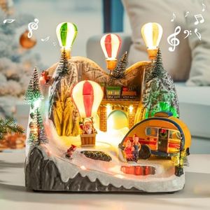 Christmas Village Houses, Hot Air Balloons Snow Mountain with LED Lighted and 8 Christmas Music, Christmas Animation Village Indoor Holiday Tabletop Decorations for Home Tabletop Gift