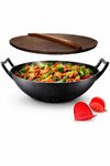 NutriChef 17" Cast Iron Wok with Lid – 43cm Heavy-Duty Nonstick Stir Fry Pan, Induction Compatible, Deep Round-Bottomed Skillet for Home or Restaurant Use – Includes Silicone Oven Mitt